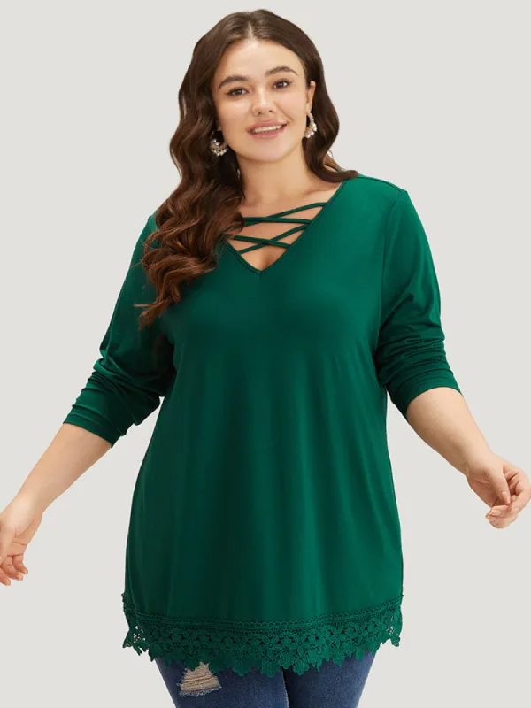 Solid Lace Panel Crisscross V Neck T-shirt sold by Bloomchic