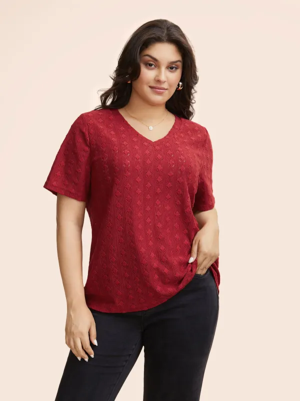 Solid V Neck Jacquard Knit T-shirt sold by Bloomchic