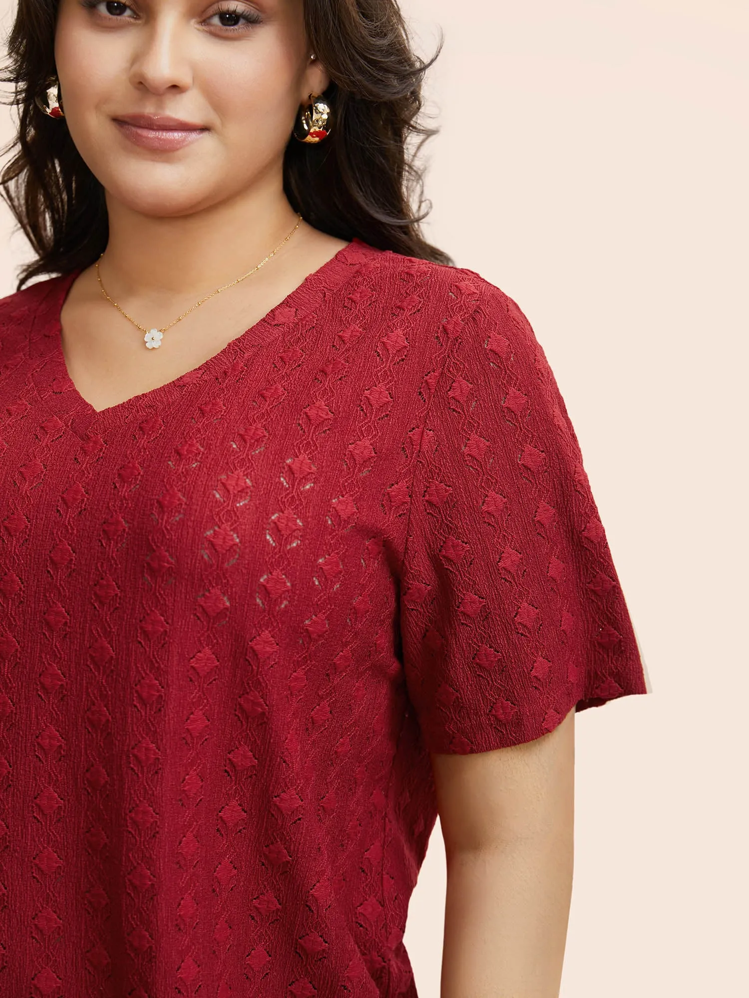 Solid V Neck Jacquard Knit T-shirt sold by Bloomchic product image thumbnail 3
