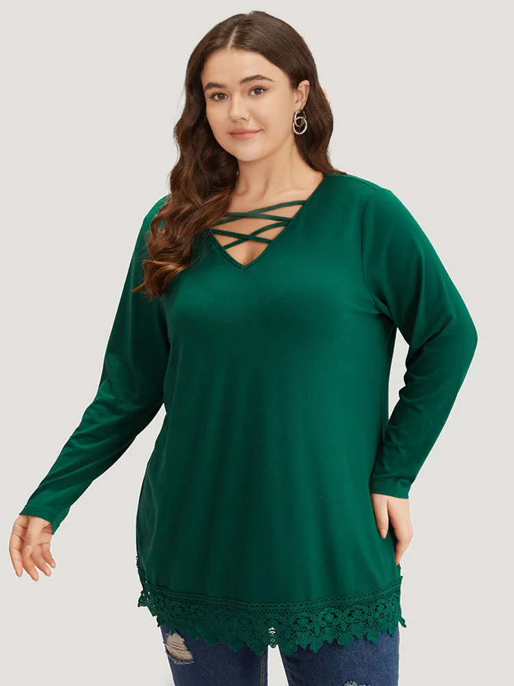 Solid Lace Panel Crisscross V Neck T-shirt sold by Bloomchic product image thumbnail 5