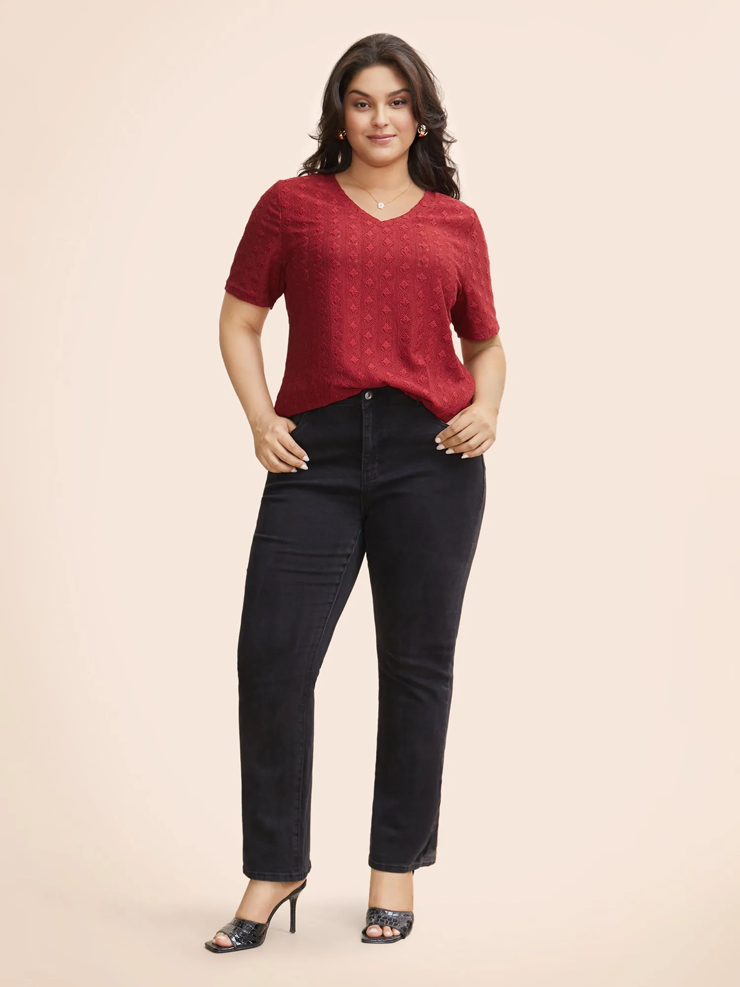 Solid V Neck Jacquard Knit T-shirt sold by Bloomchic product image thumbnail 2