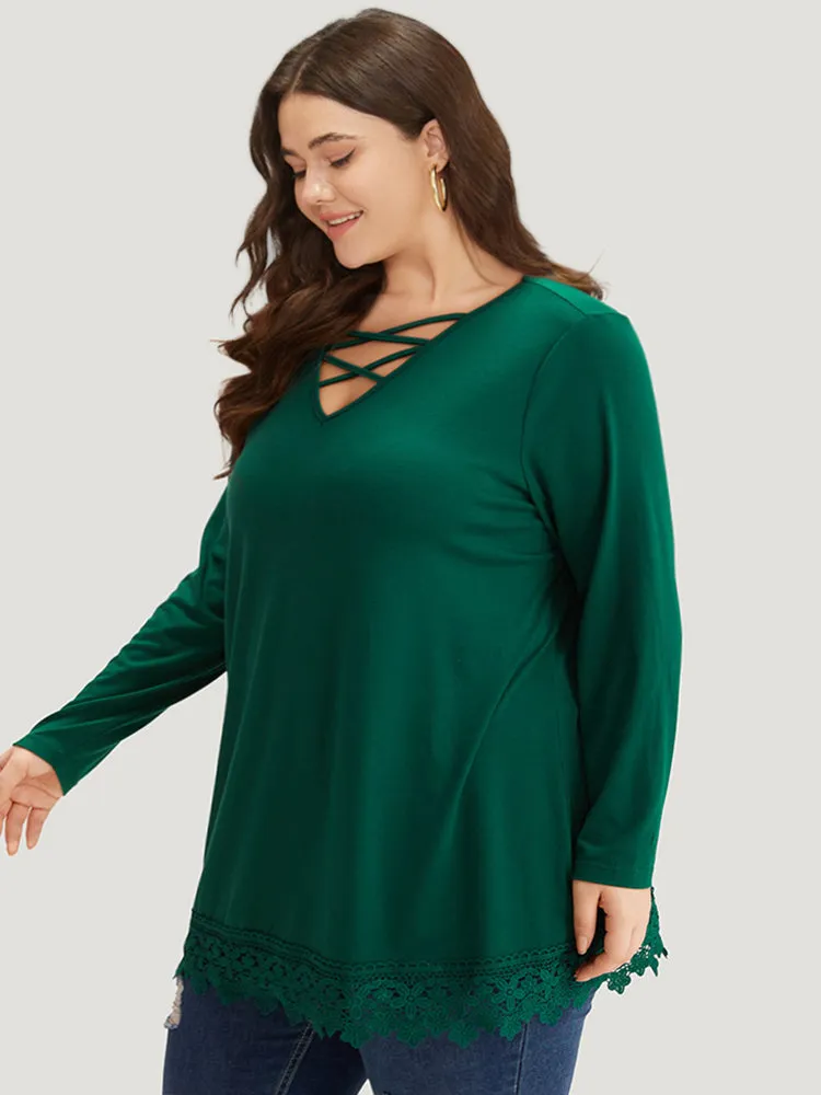 Solid Lace Panel Crisscross V Neck T-shirt sold by Bloomchic product image thumbnail 3