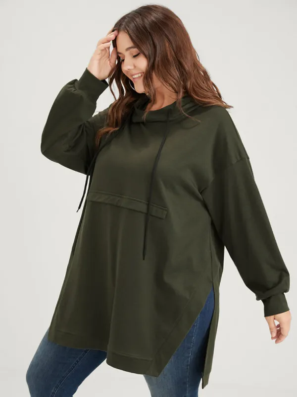 Solid Split Hem  Drawstring Hooded Sweatshirt sold by Bloomchic