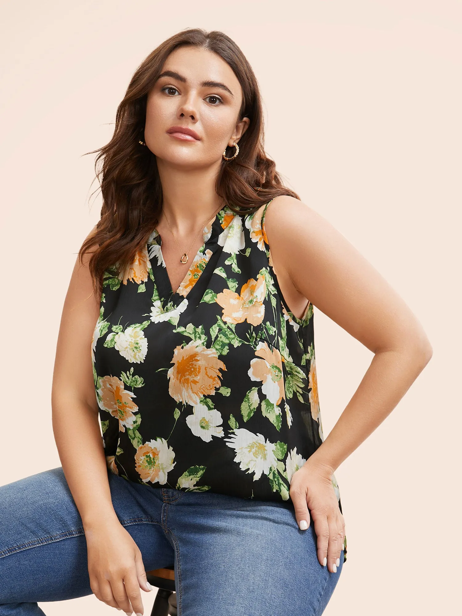Floral Notched Curved Hem Tank Top sold by Bloomchic