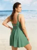 Solid V Neck Ruffle Trim Pocket Gathered Swim Dress sold by Bloomchic