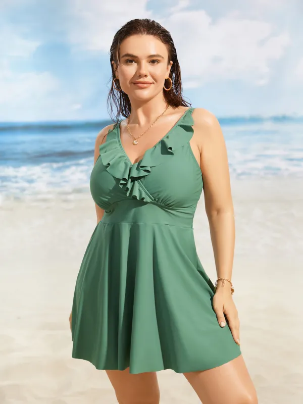 Solid V Neck Ruffle Trim Pocket Gathered Swim Dress sold by Bloomchic
