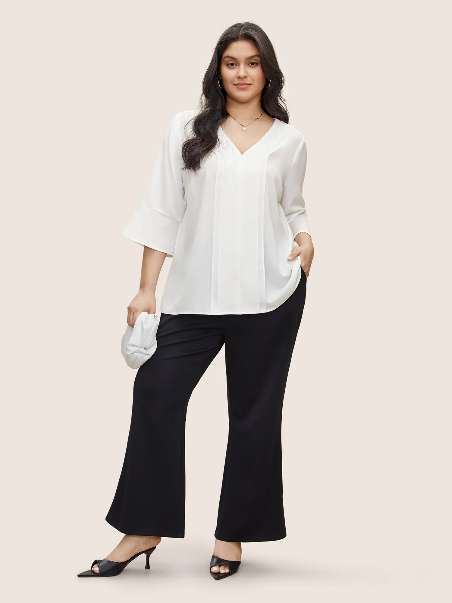 V Neck Plain Ruffles Pleated Blouse sold by Bloomchic product image thumbnail 2