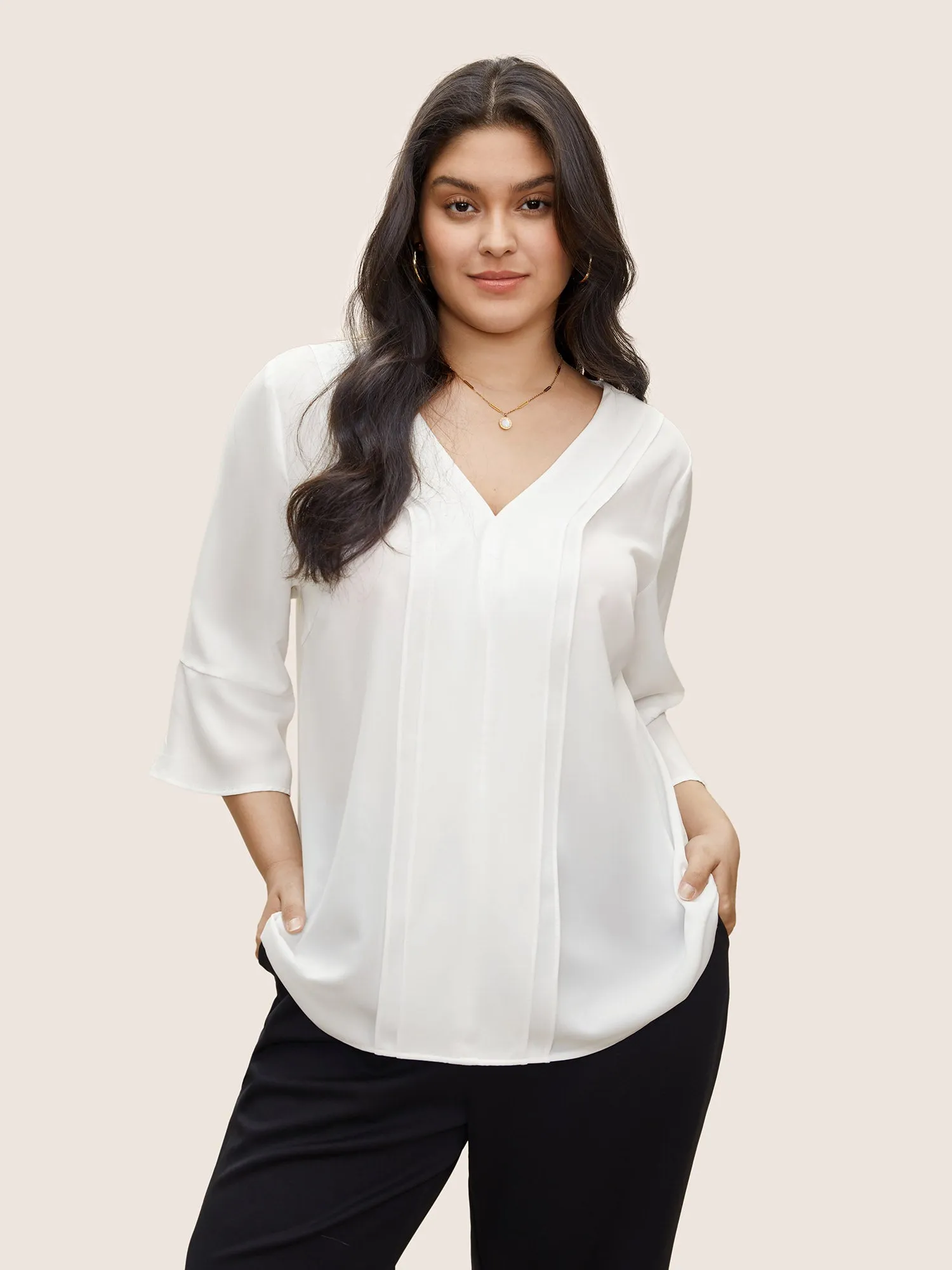 V Neck Plain Ruffles Pleated Blouse sold by Bloomchic
