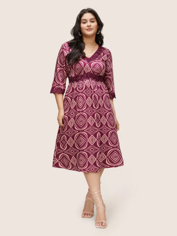 Geometric Lace Panel Patchwork Elastic Waist Dress sold by Bloomchic