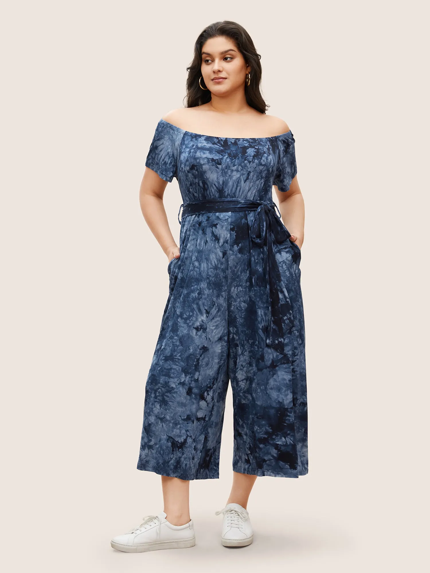 Tie Dye One Shoulder Neck Belted Jumpsuit sold by Bloomchic