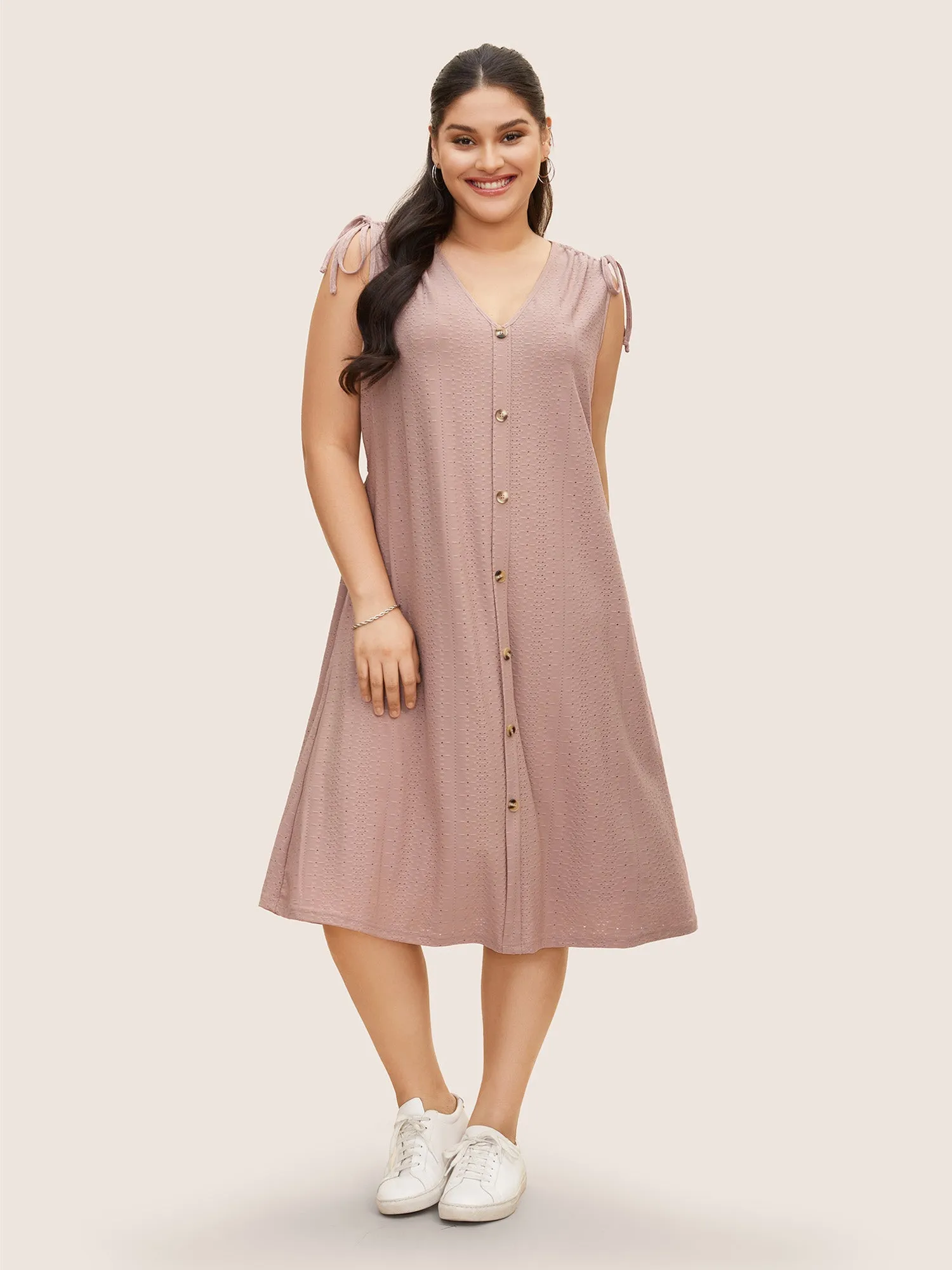 V Neck Button Detail Sleeveless Drawstring Dress sold by Bloomchic product image thumbnail 2