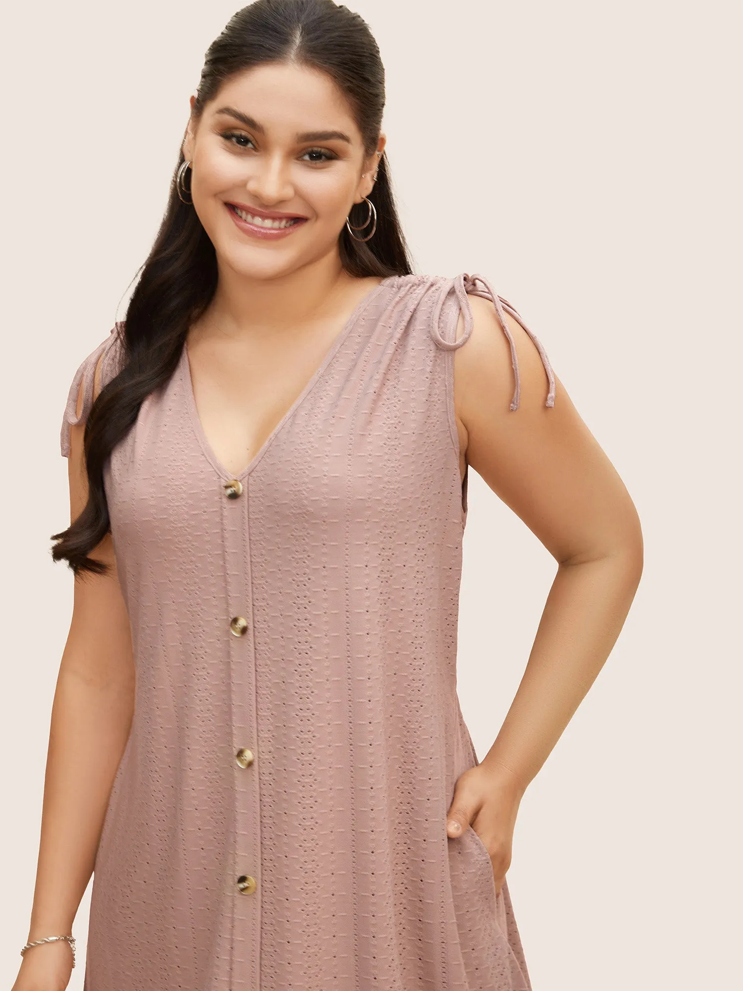 V Neck Button Detail Sleeveless Drawstring Dress sold by Bloomchic product image thumbnail 4