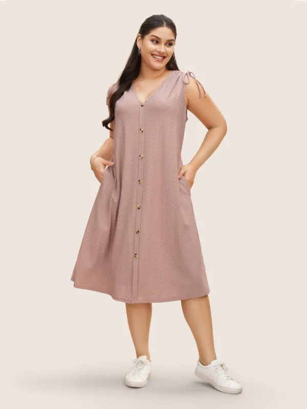 V Neck Button Detail Sleeveless Drawstring Dress sold by Bloomchic