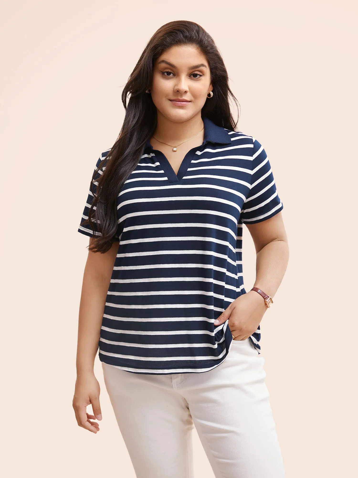 Polo Neck Striped Contrast T-shirt sold by Bloomchic product image thumbnail 2