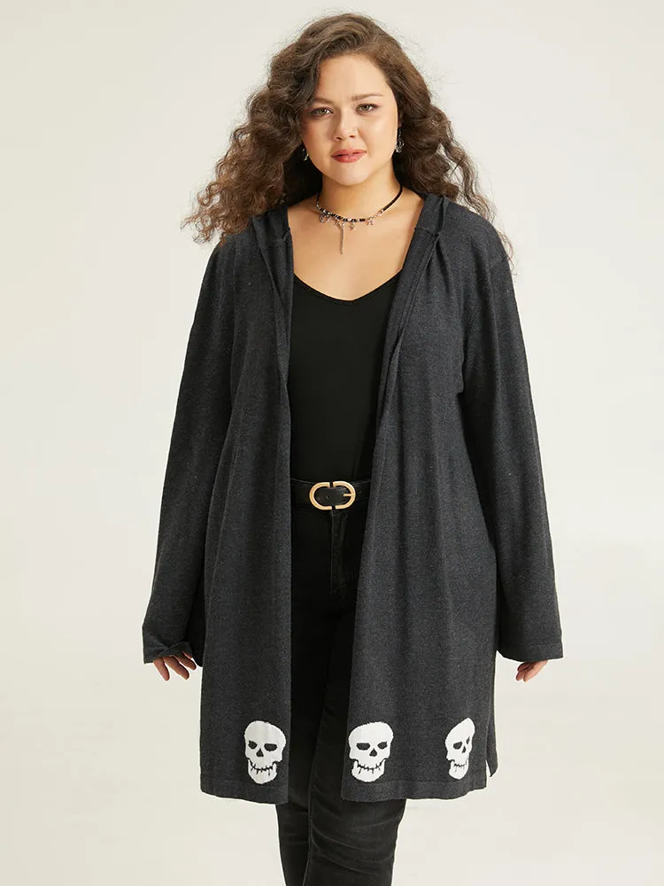 Halloween Skull Print Hooded Split Open Front Cardigan sold by Bloomchic