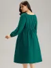 Twill Square Neck Button Detail Lantern Sleeve Dress sold by Bloomchic