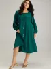 Twill Square Neck Button Detail Lantern Sleeve Dress sold by Bloomchic