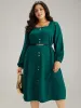 Twill Square Neck Button Detail Lantern Sleeve Dress sold by Bloomchic