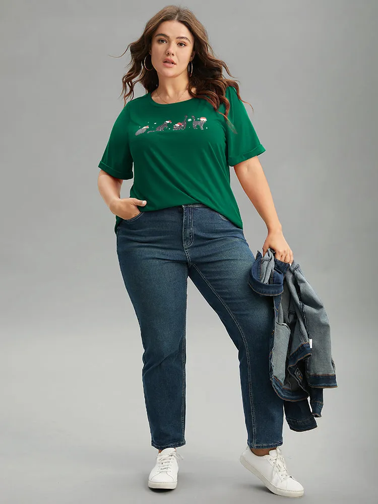 Christmas Cat Print Cuffed Sleeve T-shirt sold by Bloomchic product image thumbnail 3