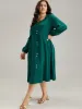 Twill Square Neck Button Detail Lantern Sleeve Dress sold by Bloomchic