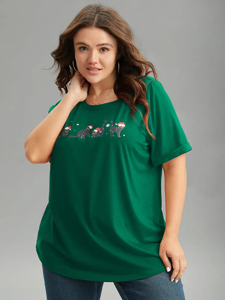 Christmas Cat Print Cuffed Sleeve T-shirt sold by Bloomchic