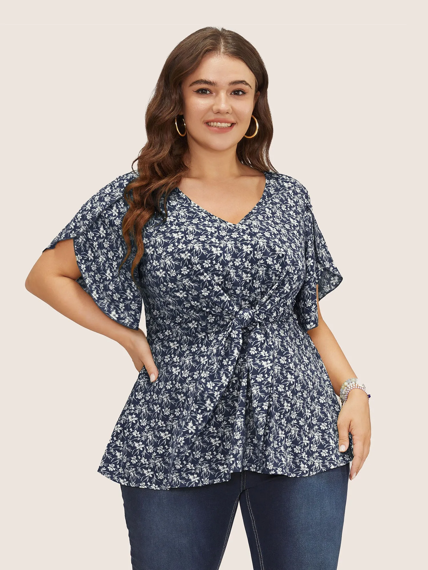 Ditsy Floral Split Petal Sleeve Tie Front Blouse sold by Bloomchic product image thumbnail 2