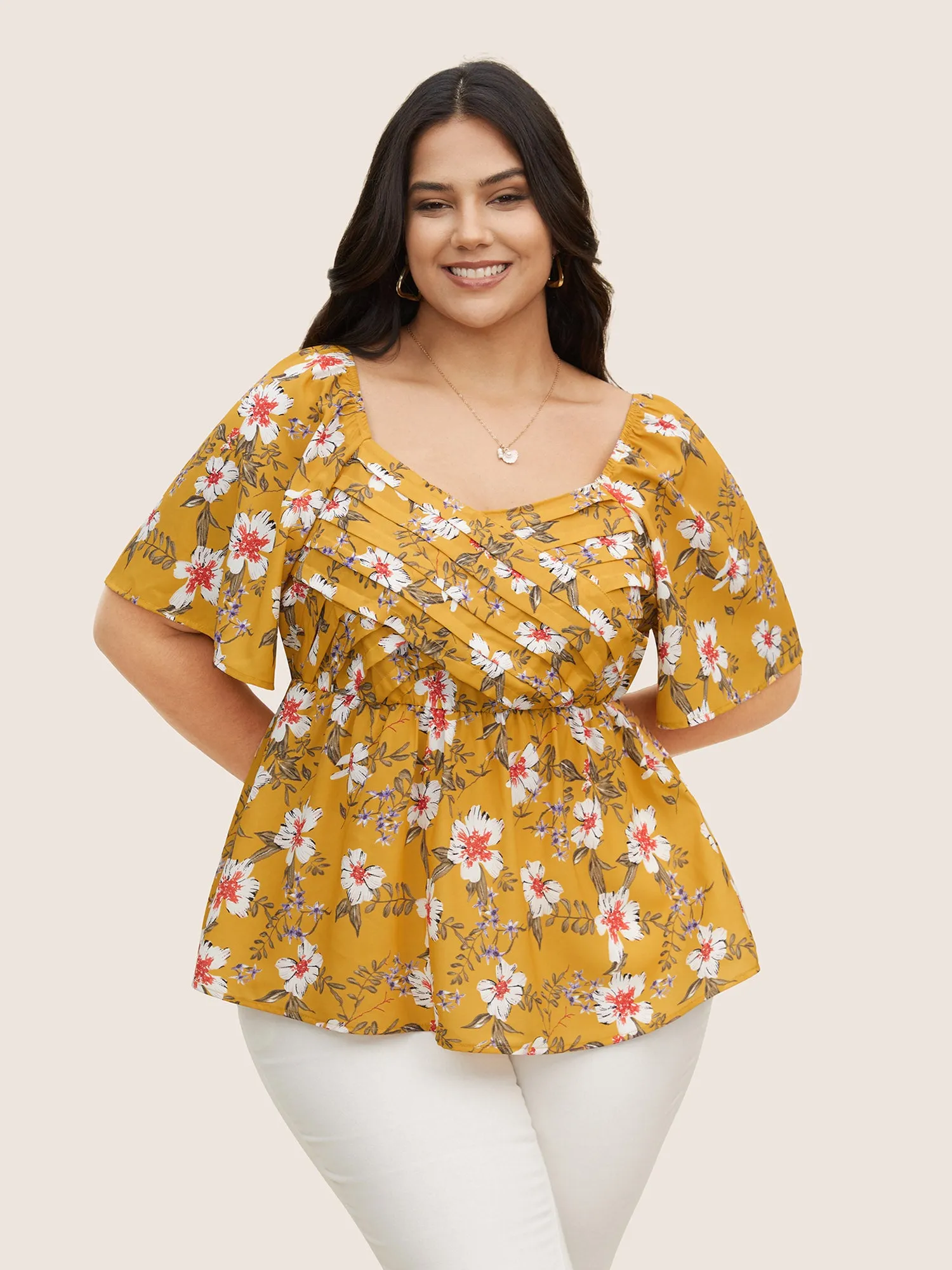 Heart Neckline Floral Print Pleated Blouse sold by Bloomchic product image thumbnail 2