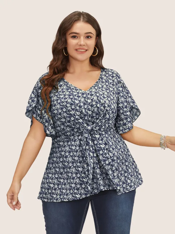 Ditsy Floral Split Petal Sleeve Tie Front Blouse sold by Bloomchic