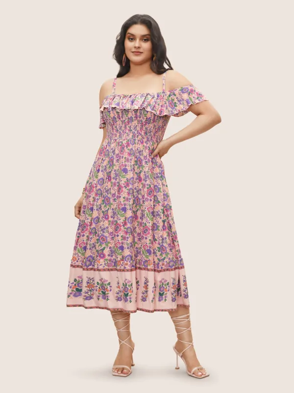 Floral Cold Shoulder Ruffles Shirred Dress sold by Bloomchic