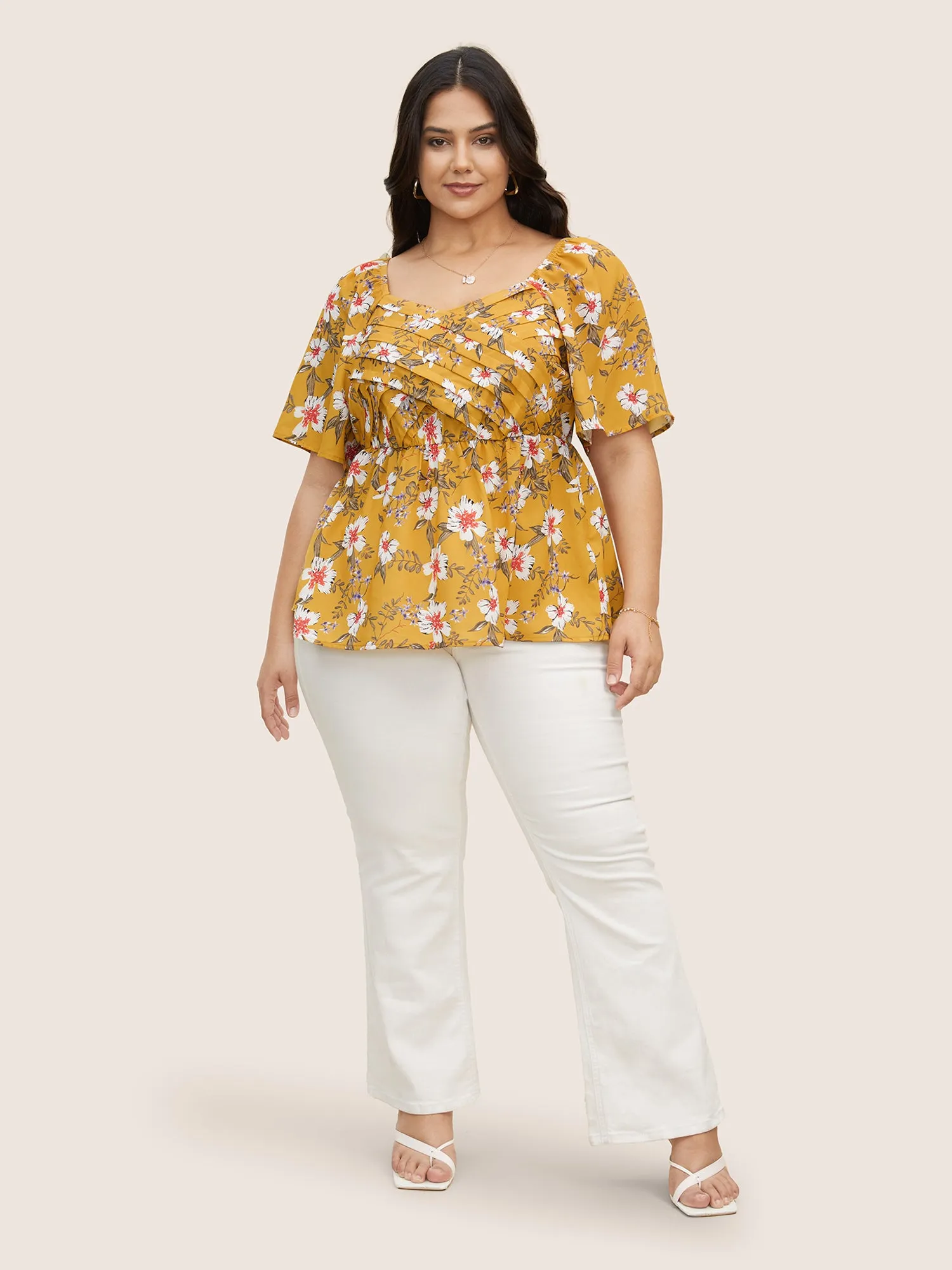 Heart Neckline Floral Print Pleated Blouse sold by Bloomchic product image thumbnail 3