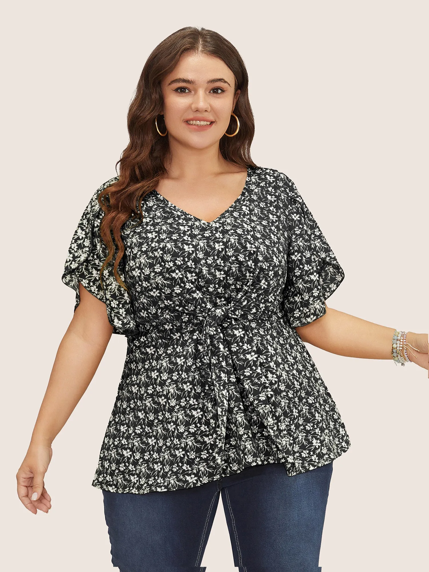 Ditsy Floral Split Petal Sleeve Tie Front Blouse sold by Bloomchic product image thumbnail 5