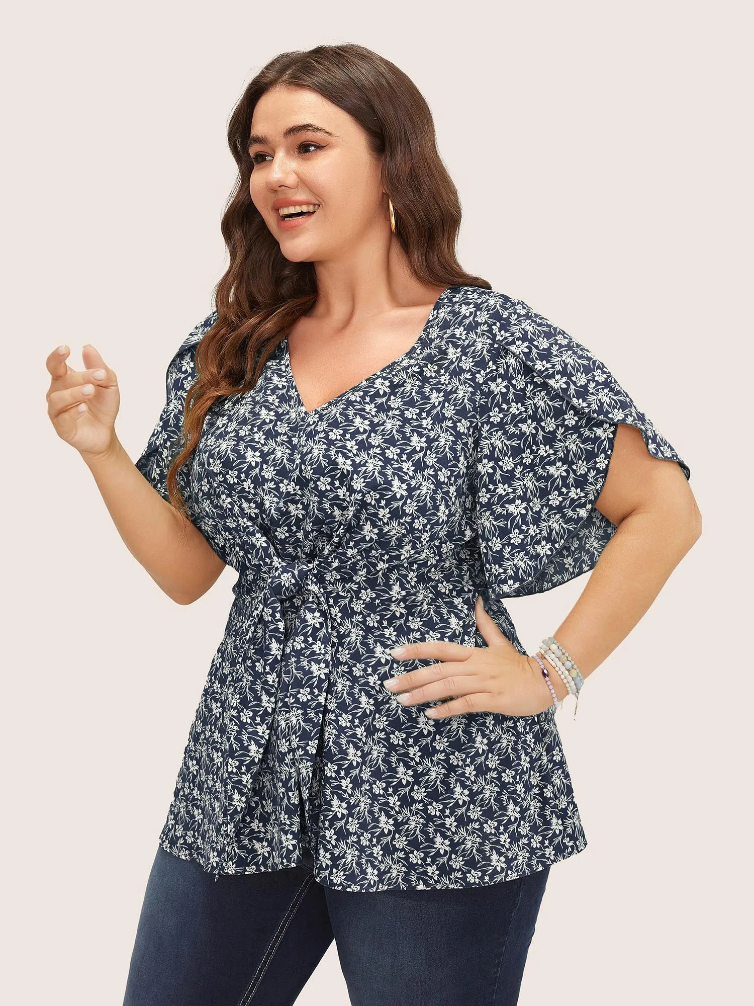 Ditsy Floral Split Petal Sleeve Tie Front Blouse sold by Bloomchic product image thumbnail 3