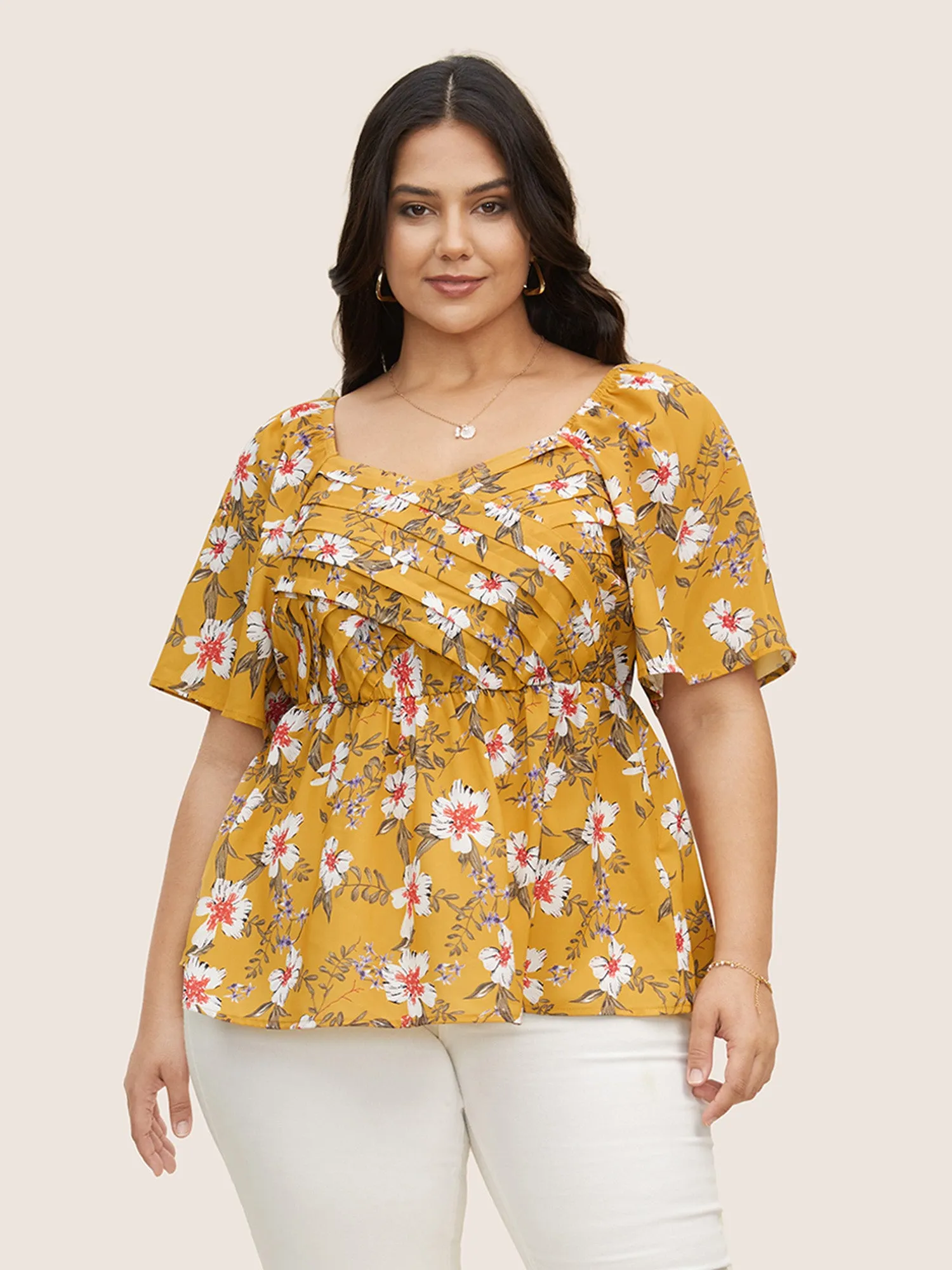 Heart Neckline Floral Print Pleated Blouse sold by Bloomchic