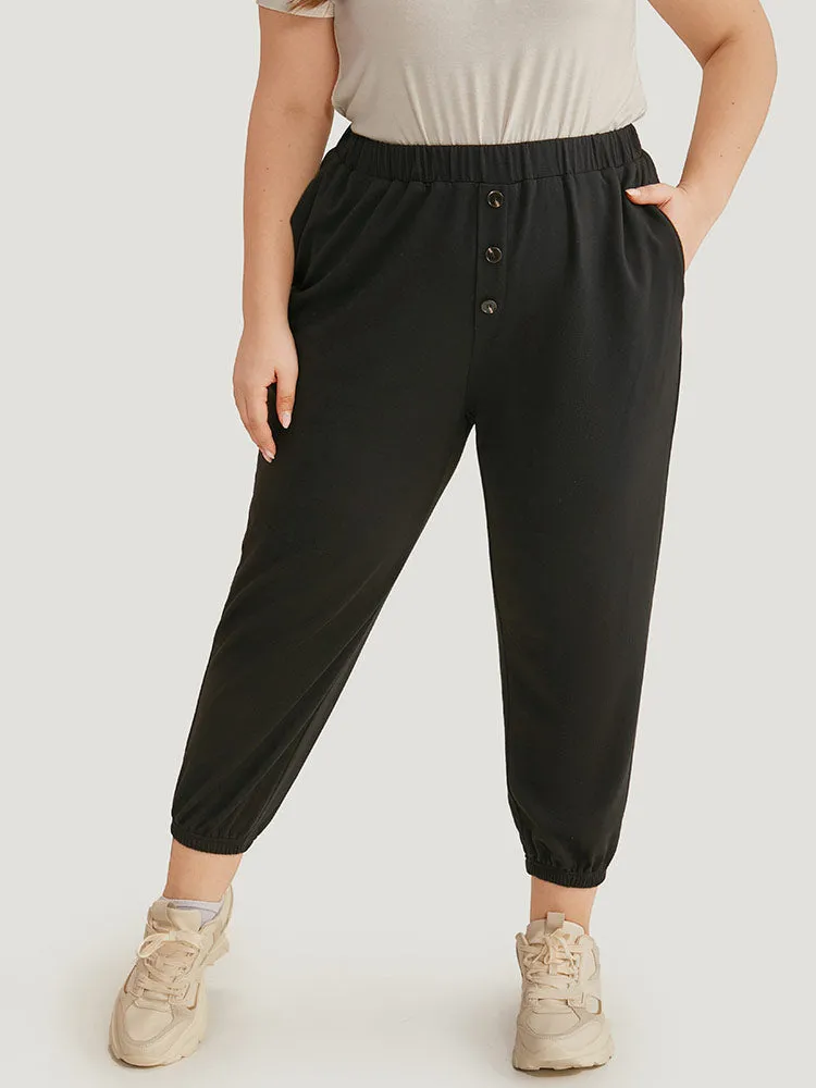 High Rise Button Detail Elastic Waist Sweatpant sold by Bloomchic