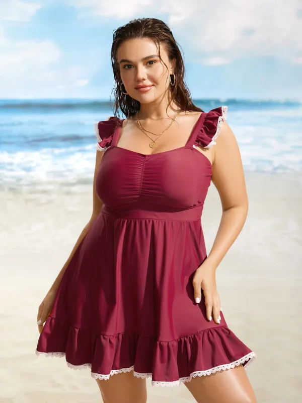 Heart Neckline Gathered Patchwork Lace Trim Swim Dress sold by Bloomchic