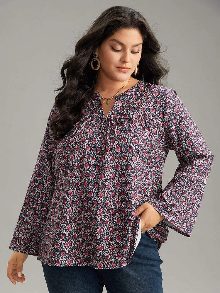 Ditsy Floral Notched Bell Sleeve Blouse sold by Bloomchic
