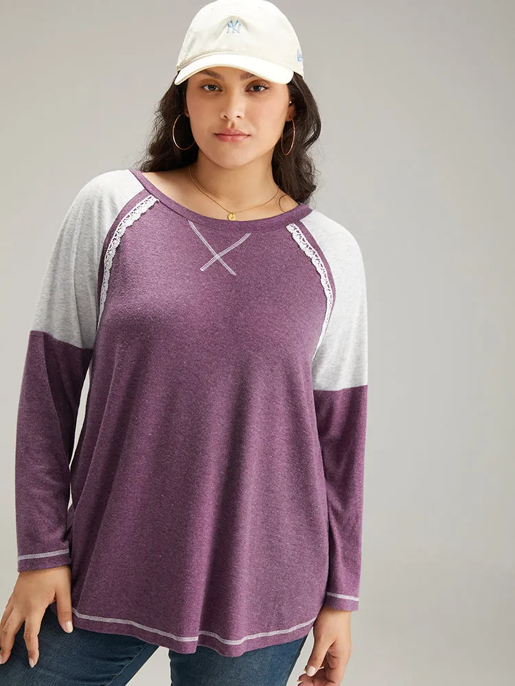 Two Tone Lace Trim Stitch Raglan Sleeve T-shirt sold by Bloomchic