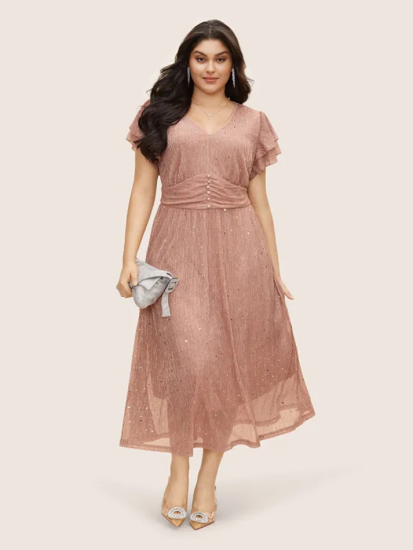 Sequin Tiered Ruffle Sleeve Button Detail Dress sold by Bloomchic