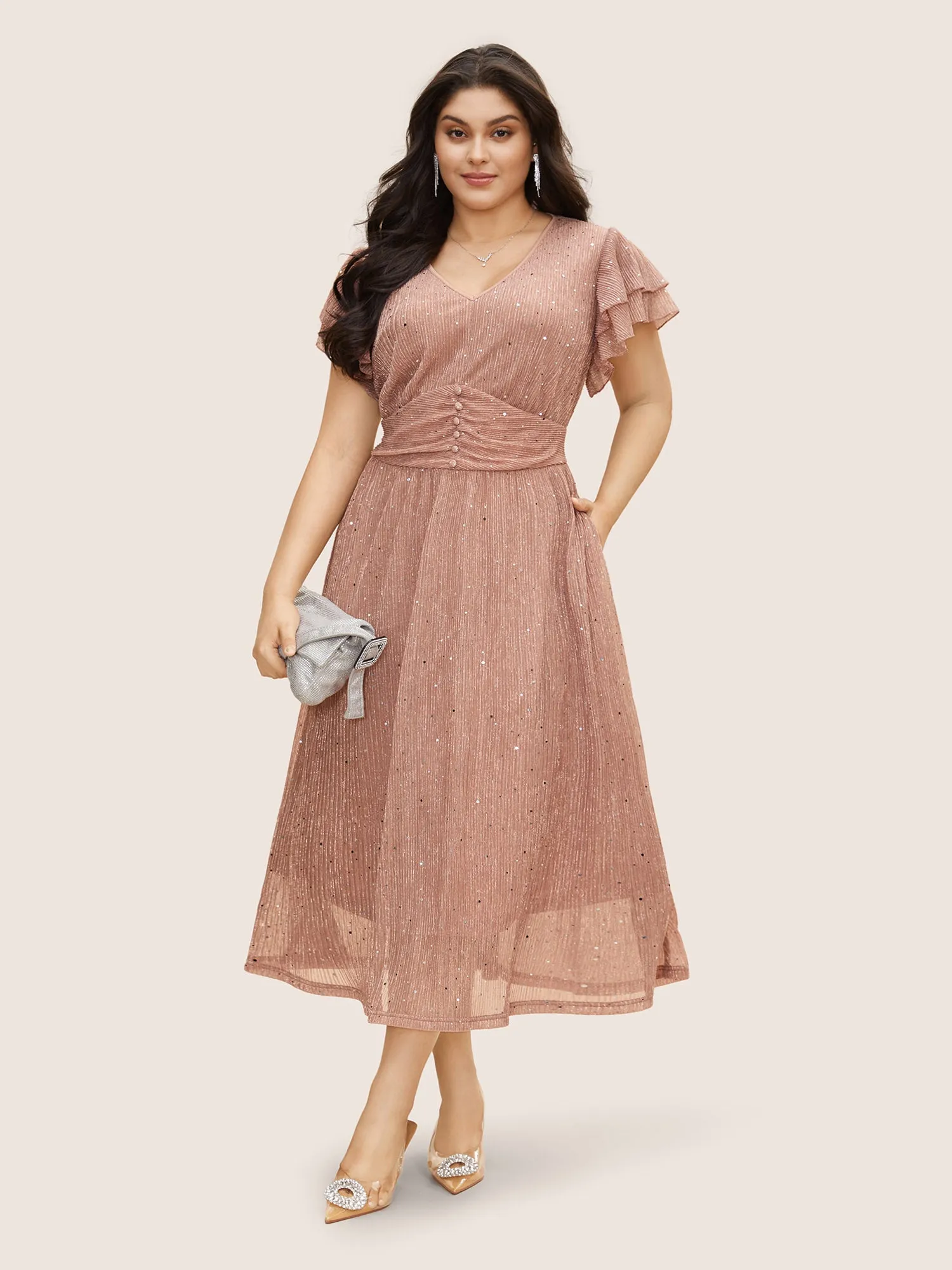 Sequin Tiered Ruffle Sleeve Button Detail Dress sold by Bloomchic product image thumbnail 2