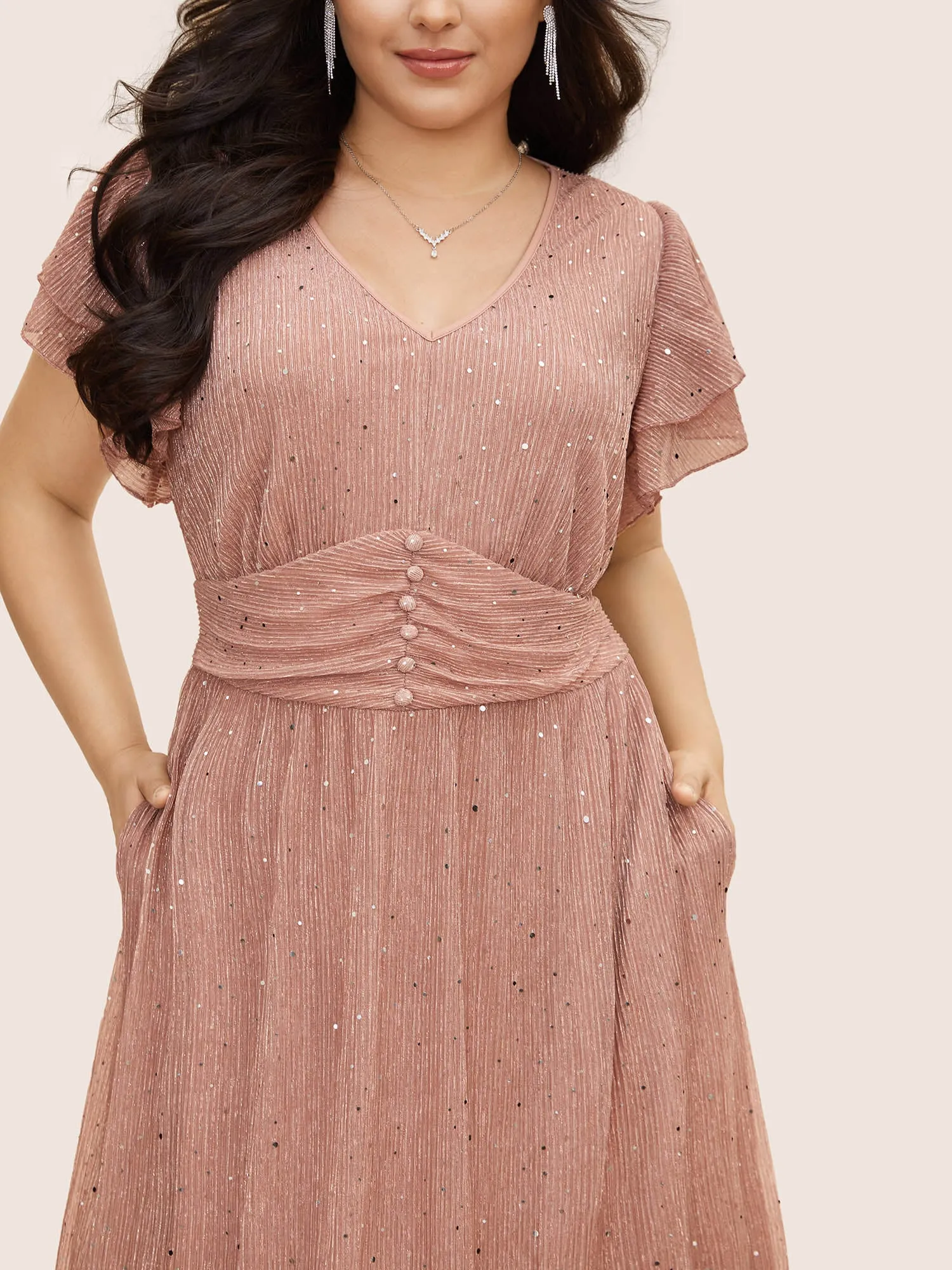 Sequin Tiered Ruffle Sleeve Button Detail Dress sold by Bloomchic product image thumbnail 4