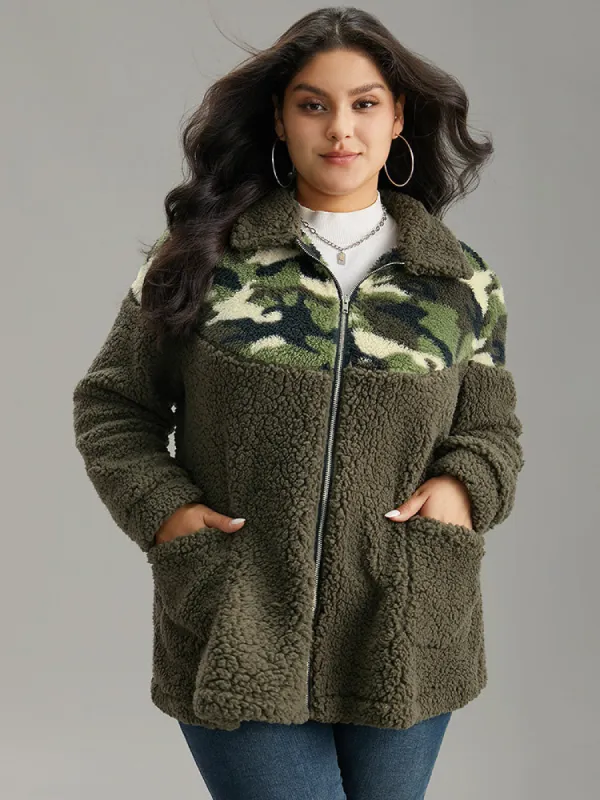 Camo Patchwork Zipper Pocket Teddy Jacket sold by Bloomchic