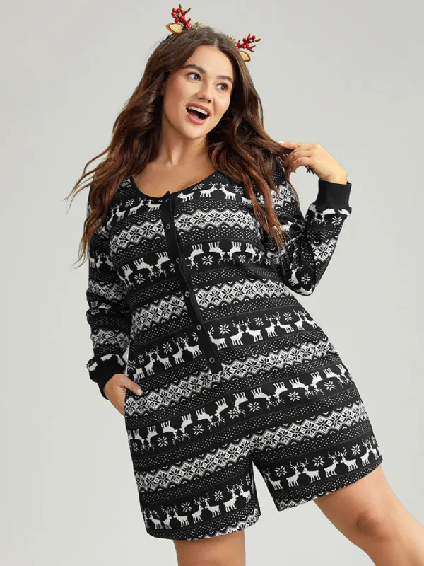 Christmas Print Pocket Button Up Sleep Jumpsuit sold by Bloomchic