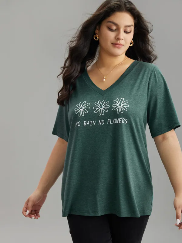 Natural & Letter Graphic V Neck T-shirt sold by Bloomchic