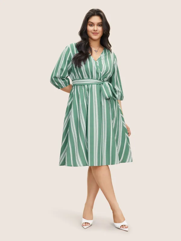 Striped Elastic Waist Belted Wrap Dress sold by Bloomchic