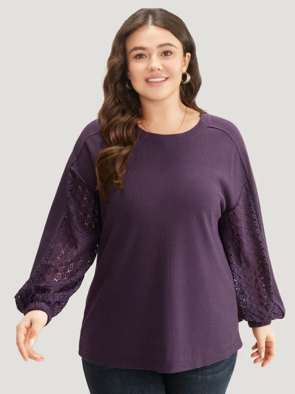 Waffle Knit Lace Panel Drop Shoulder Sweatshirt sold by Bloomchic