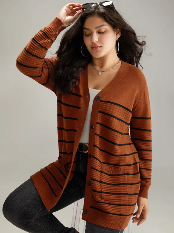 Striped Button Down Patched Pocket Cardigan sold by Bloomchic