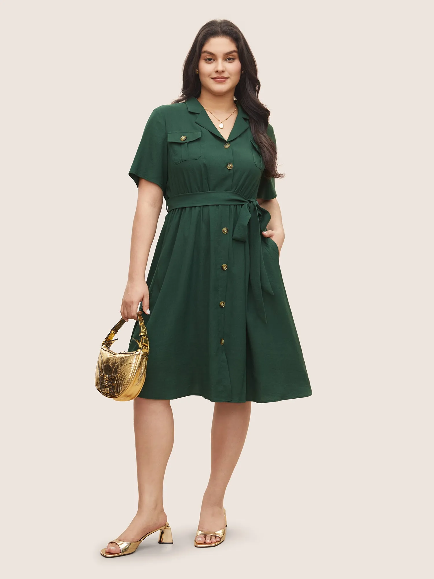 Plain Suit Collar Belted Flap Detail Dress sold by Bloomchic