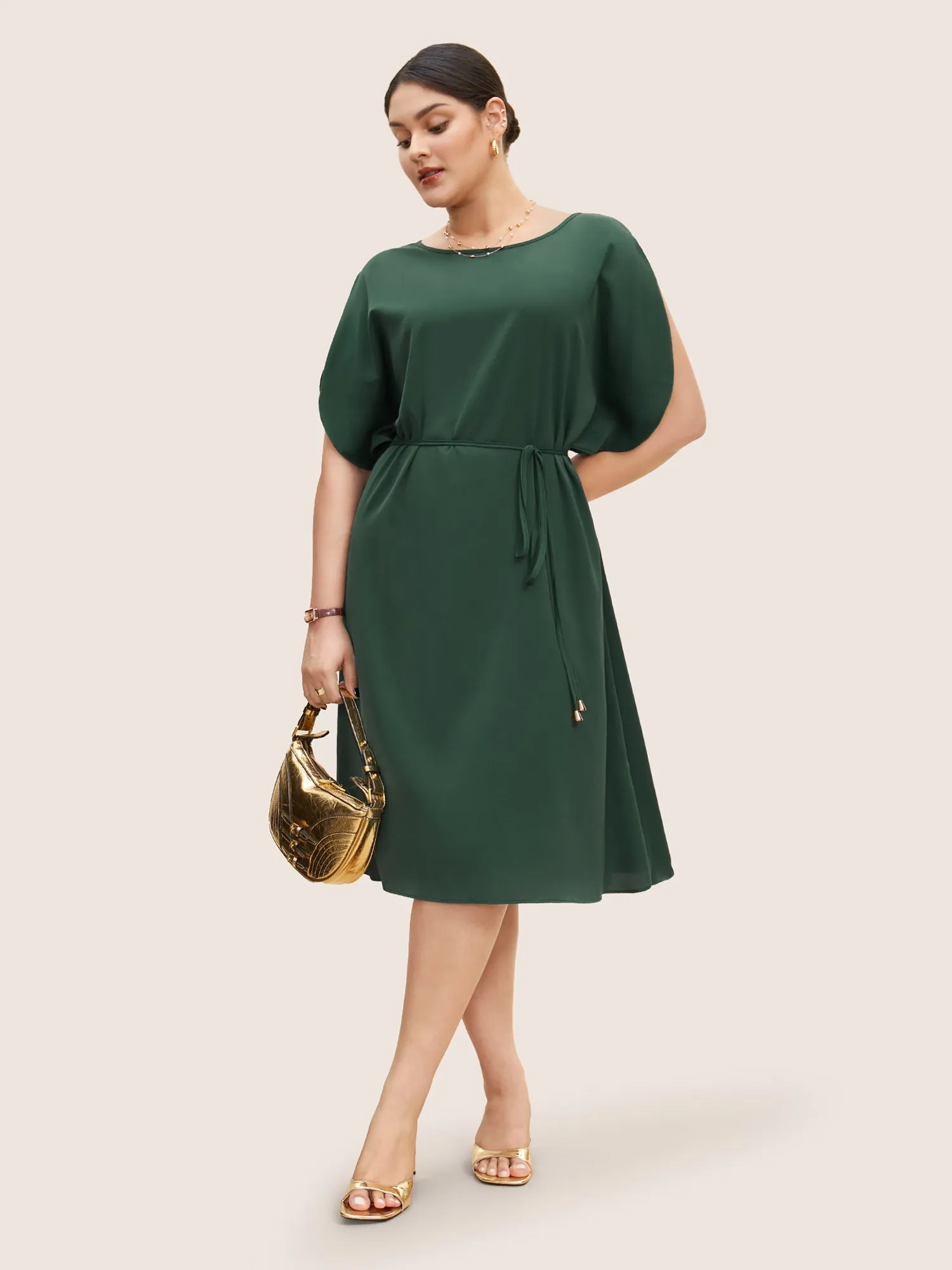 Solid Boat Neck Dolman Sleeve Belted Dress sold by Bloomchic