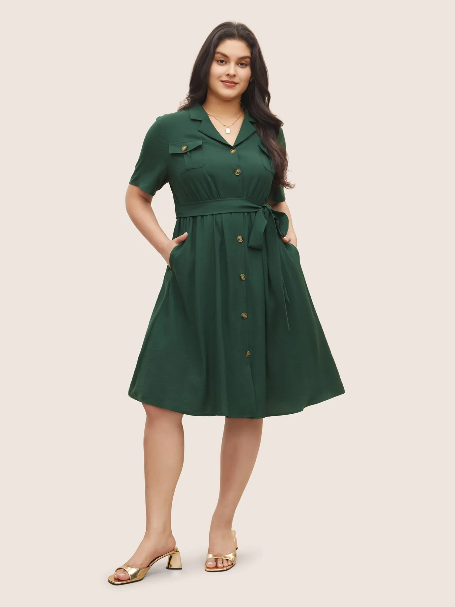 Plain Suit Collar Belted Flap Detail Dress sold by Bloomchic product image thumbnail 2