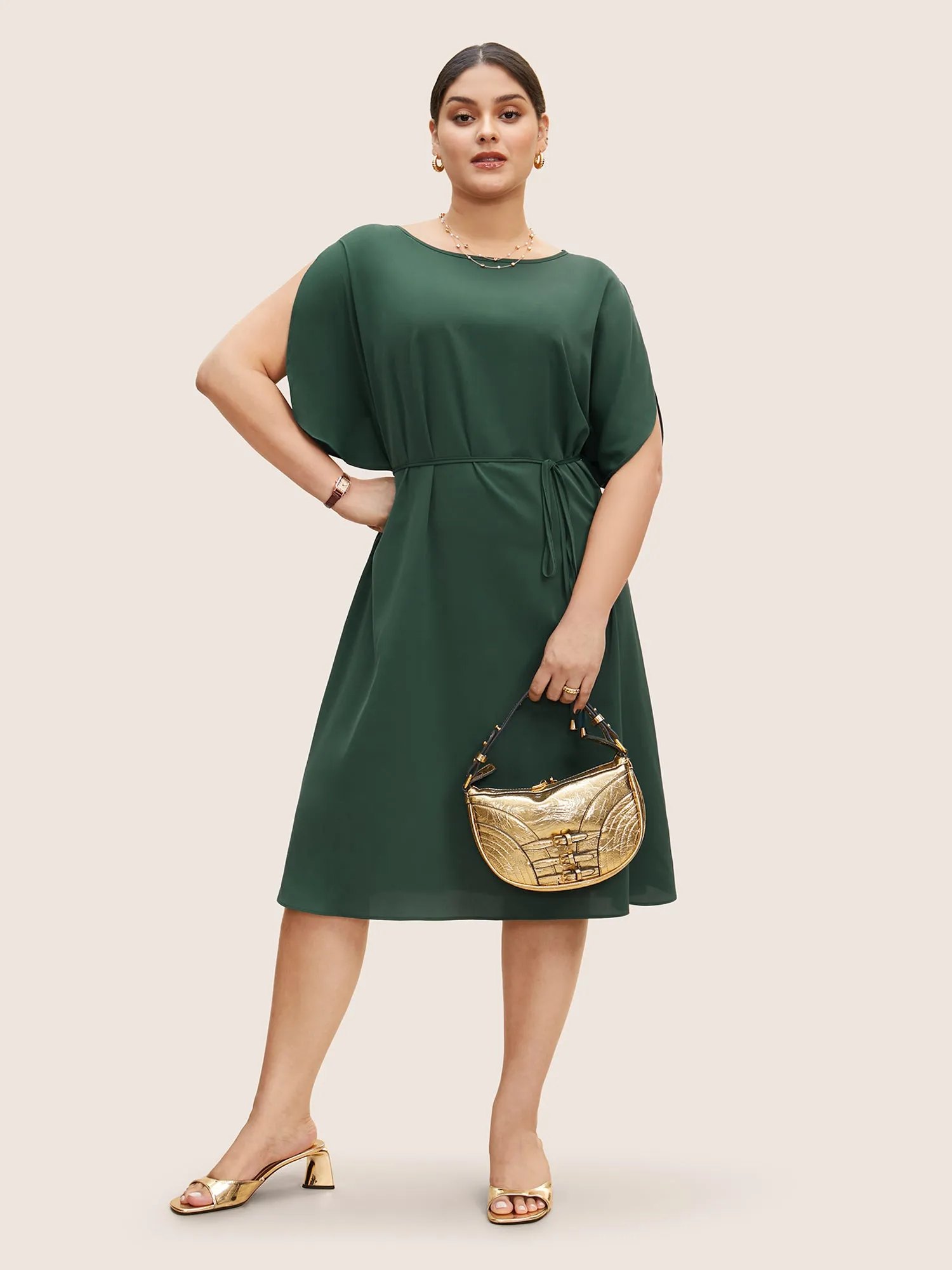 Solid Boat Neck Dolman Sleeve Belted Dress sold by Bloomchic product image thumbnail 2